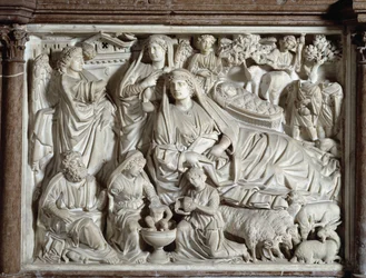 Verkündigung und Geburt Christi, von Nicola Pisano (1215/20-1278/84) geschaffene Kanzel (Marmorkanzel), 1260, Baptisterium San Giovanni in Pisa, Italien