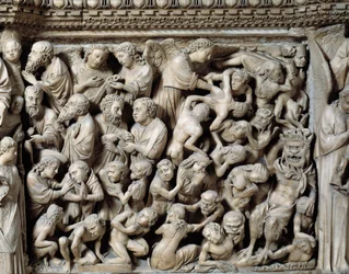 Gotische Kunst: Das Jüngste Gericht, Verdammte in der Hölle, Detail der Reliefs der Kanzel
