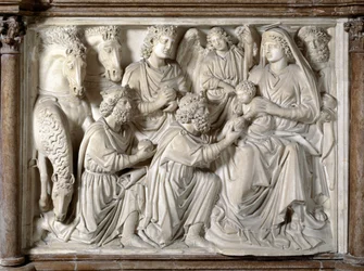 Anbetung der Heiligen Drei Könige Stuhl von Nicola Pisano (1215/20-1278/84) (Marmor-Kanzel) 1260 Baptisterium San Giovanni in Pisa, Italien