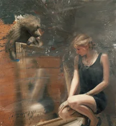 Frau im Spiegel mit Pavian, 2019