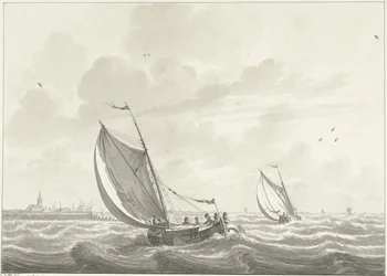 Schiff unter Segel auf der Maas, in der Ferne die Dörfer Oud und Nieuw Beijerland