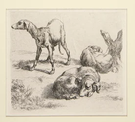 2 Radierungen aus dem Set Verschiedene Tiere, mit dem Mann unter den Bäumen, dem sogenannten Mann