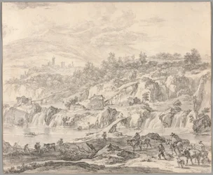 Landschaft mit Wasserfällen und Brücken, Bauern im Vordergrund