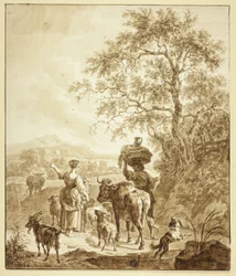 Hirtin und Bauer mit Herde in italienischer Landschaft