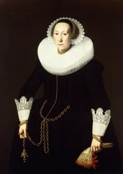 Porträt einer Dame, stehend in Dreiviertellänge, in einem aufwendigen schwarzen Kostüm, mit weißem Kragen und Spitzenmanschetten, eine Goldkette und ein Paar Handschuhe haltend, 1633