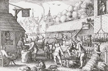 Niederländische Dorfbewohner des 17. Jahrhunderts beim Seilmachen