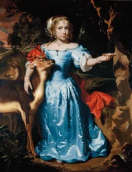 Porträt eines Mädchens in voller Länge als Granida, in einem blauen Seidenkleid und rotem Mantel, ihre linke Hand fängt Wasser in einer Muschel von einer Quelle, ihre rechte Hand um einen Hirsch