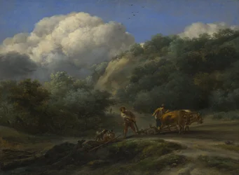 Ein Mann und ein Junge pflügen mit Ochsen, um 1650