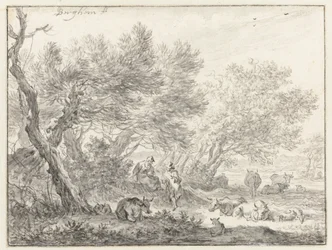 Hirten und Vieh bei einer Baumgruppe