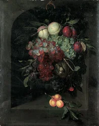 Girlande aus Trauben, Pfirsichen, Pflaumen und Kirschen mit einer Schnecke in einer Steinnische mit einem Bündel Aprikosen und einer Biene auf einem Sims, 1666