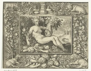Das Element Erde als nackte Frau mit Füllhorn. Terra (Titel auf dem Objekt). Die vier Elemente (Serientitel)