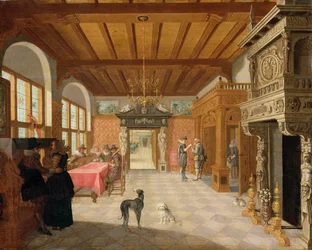 Innenansicht einer Halle mit Figuren, 1621