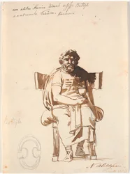 Batyllus, Schauspieler zur Zeit des Augustus, sitzend in einem schweren antiken Stuhl, en face, mit einem Becher in der Hand