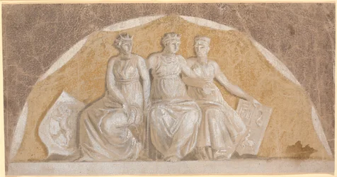 Halbrundes Feld mit drei runden Frauenfiguren, die beiden äußeren mit Schilden, die Norwegen und norddeutsche Länder darstellen (Stormarn und Ditmarschen?). Die mittlere symbolisiert vermutlich Dänemark