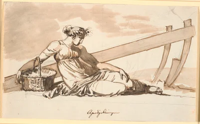 Ruhende Frau vor einem Pflug. Allegorie auf den Ackerbau