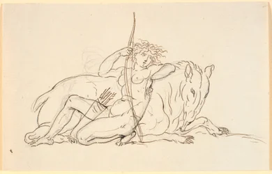 Frauenfigur mit Pfeilen und Köcher, sitzend an ein Fantasietier gelehnt (möglicherweise ein Ameisenbär). Allegorie auf Amerika