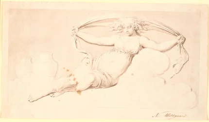 Die Nacht, eine ruhende Frauenfigur. Ausgeführt als Grisaille. Gleiche Komposition wie Td 542,38 jedoch ohne Flügel und mit offenem Haar