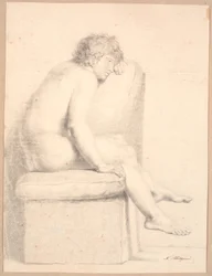 Sitzendes Modell auf Sockel mit Kissen. Profil rechts. Kopf auf linken Arm gestützt. Beine erreichen nicht den Boden