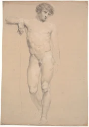 Stehendes Modell. Von vorne gesehen. Rechter Arm auf hohem Sockel gestützt