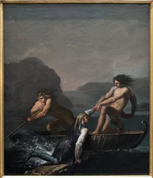 Das Schiffswrack Niels Klim wird von zwei Quamiten gerettet. Auszug aus Die unterirdische Reise von Niels Klim