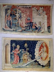 Wandteppich der Offenbarung (1373-1383), Nr. 72: Satan belagert die Stadt. Nr. 74: Johannes vor Christus. Tapisserie von Nicolas Bataille