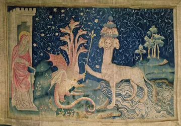 Das Tier aus dem Meer mit sieben Köpfen und zehn Kronen, Nr. 40 aus „Die Apokalypse von Angers“, 1373-87