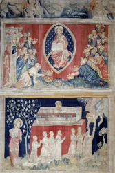 Der Vorhang der Offenbarung (1373-1383), Nr. 5: Die Ältesten verneigen sich vor Christus in Majestät (Jesus Christus in Herrlichkeit ist innerhalb einer Mandorla dargestellt). Nr. 11: Die Seelen der Märtyrer. Tapisserie von Nicolas Bataille