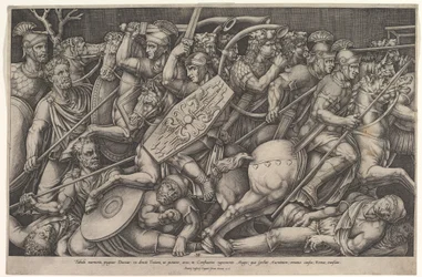 Römische Soldaten kämpfen gegen Daker, Kampfszene in geringer Tiefe mit Pferden und Reitern, 1553