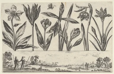 Horizontales Panel mit einer Reihe von Blumen über einem Fries mit Figuren in einer Landschaft