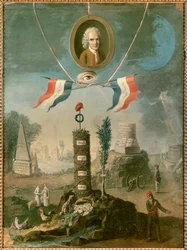 Revolutionäre Allegorie: Porträt von Jean Jacques Rousseau, Schweizer Philosoph, mit Symbolen der Revolution
