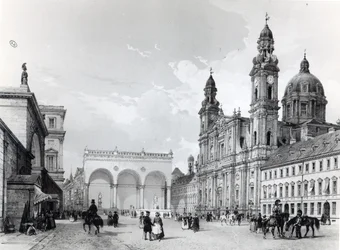 Königspalast, Marschällehalle und Theatinerkirche in München, erste Hälfte des 19. Jahrhunderts