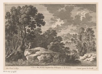 Landschaft mit Mann, Frau und Kind auf Felsen bei einem Teich