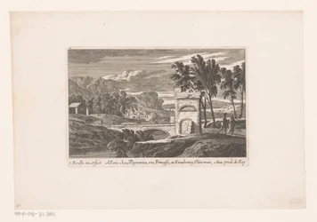 Landschaft mit Wanderern bei einer Steinbrücke