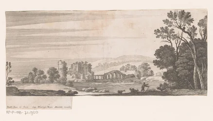 Flusslandschaft mit Brücke mit fünf Bögen