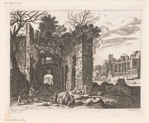Rastende Familie vor einer Ruine