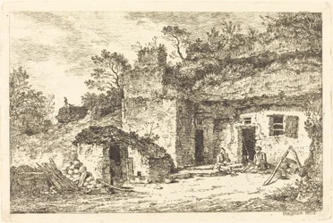 Ein Cottage mit zwei Männern, die am Eingang sitzen
