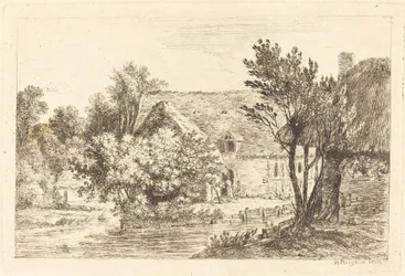Ein Haus und ein schattiges Häuschen am Ufer eines Flusses