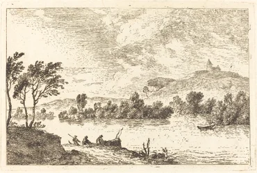 Flusslandschaft mit Figuren und einem Boot am Ufer