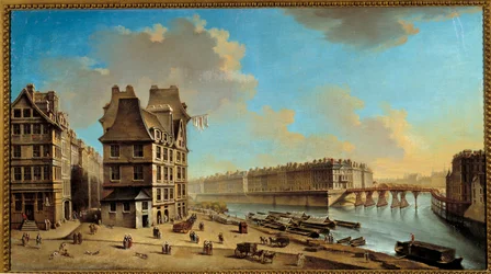 Le quai de la Greve, die Île Saint-Louis und die Pont Rouge von der Place de Greve aus gesehen