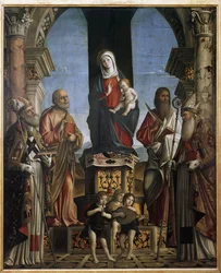 Die Jungfrau und das Kind auf dem Thron mit St. Nikolaus, St. Peter, St. Bartholomäus und St. Augustinus