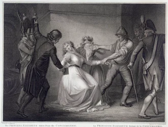 Französische Revolution: Die Schwester von König Ludwig XVI., Elisabeth von Frankreich (1764-1794), wurde am 10.05.1794 aus dem Gefängnis Concierge entlassen. Gravur von Niccolo Schiavonetti (gestorben 1813) Paris, Musée Carnavalet