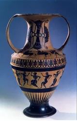 Attische schwarzfigurige Amphore mit Tänzern, ca. 535-38 v. Chr.