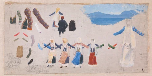 Tanzende Frauen, Kostümdetails und eine Landschaft