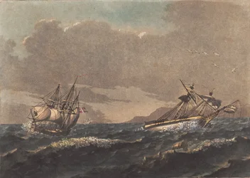 Ein Schiff, das das Land klärt, und eine Brigg, die vor Anker treibend auf einem blinden Felsen strandet