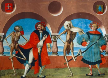 Tod, Bürger und Kaufmann aus dem Totentanz-Zyklus von Albrecht Kauw