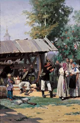 Russische Soldaten in einem Dorf, 1877