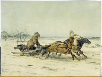 General Toptygin - Ein Bär mit einem Maulkorb, in einem von drei Pferden gezogenen Schlitten, nach einer Geschichte von Nikolai Nekrassov (1821-1877)