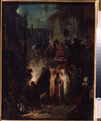 Autodafé. Straßenszene bei Nacht nach dem Urteil des Inquisitionstribunals, Werk von Nikolai Petrovich Lomtev
