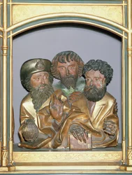 Holzschnitzereien von St. Jakobus dem Älteren, St. Simon und St. Thaddäus, aus der Predella des Isenheimer Altars, um 1490