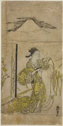 Frau hält Kimono mit Mt. Fuji im Hintergrund